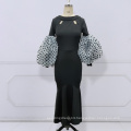 Black Hollow Out Long Puff Sleeve Polka Dot Party Maxi Lady Club Dress